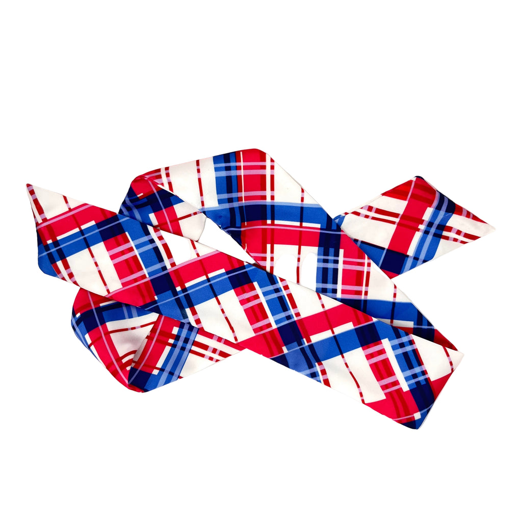 Red, white, and blue plaid pattern Twilly on a white background